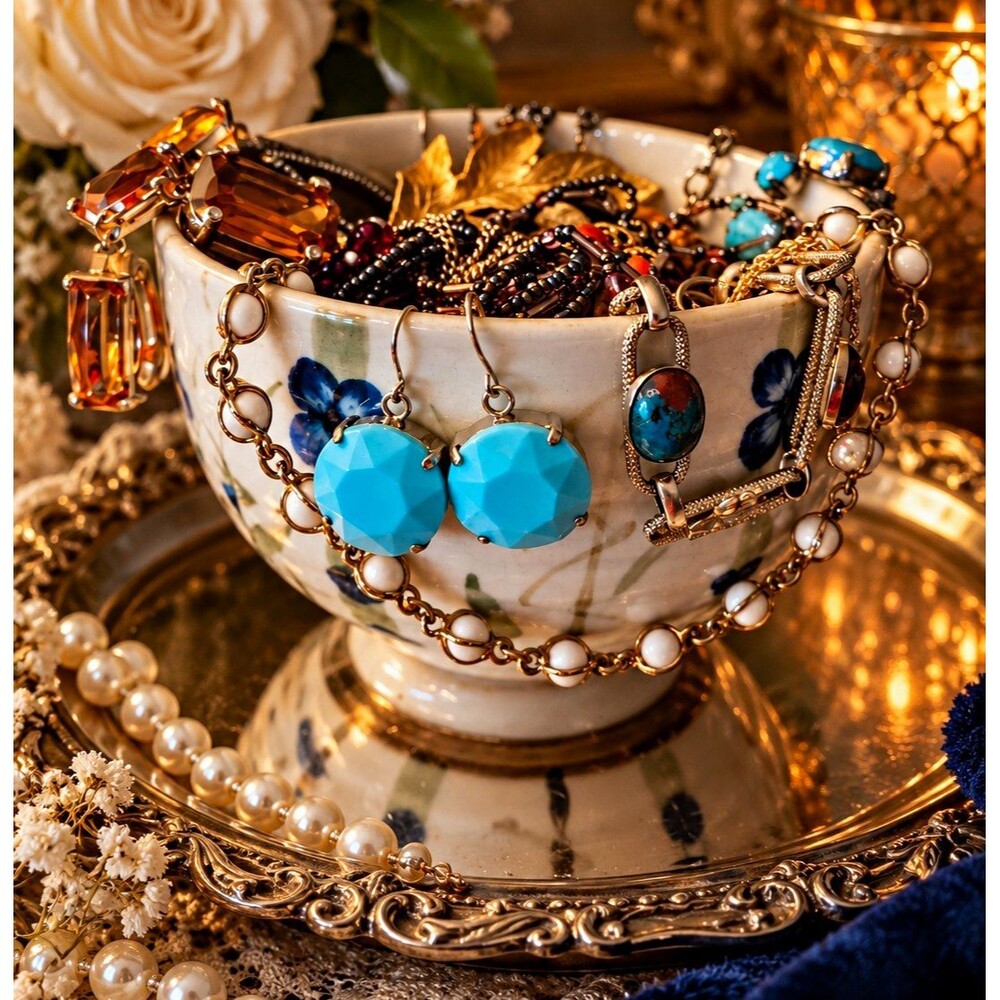 Gilded Heirloom Jewelry Jar – Vintage & Modern Treasure Mix ✨